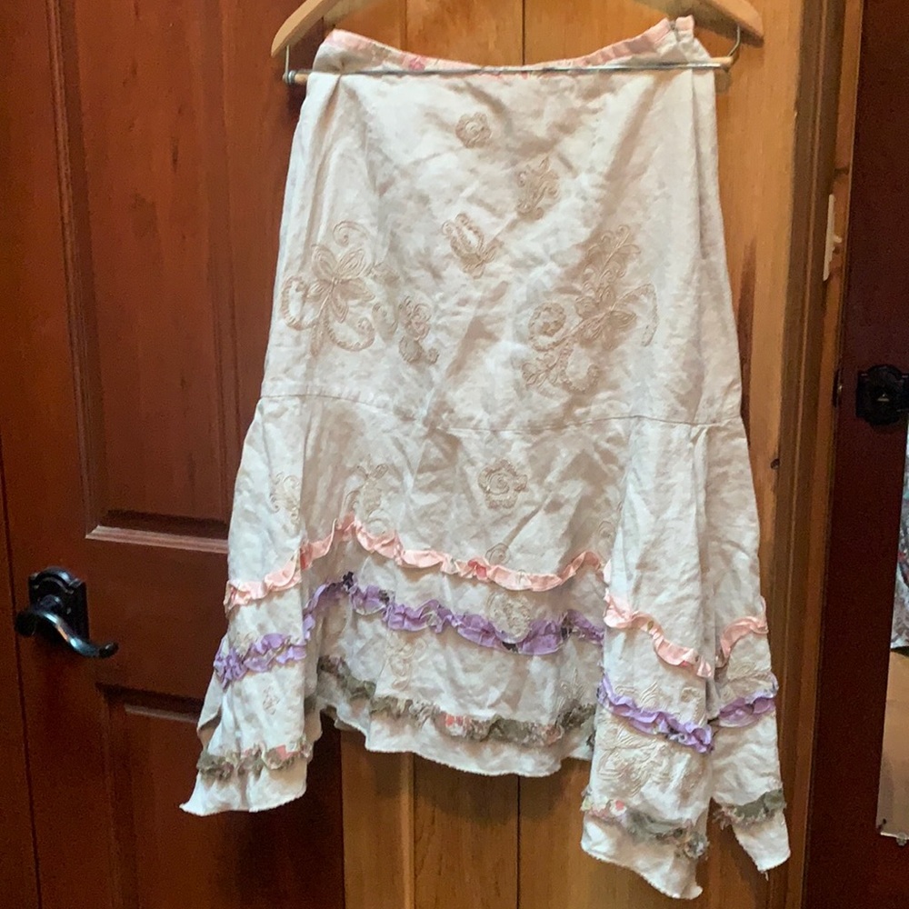 J Jill Linen Floral Embellished Embroidered Midi Flare Skirt